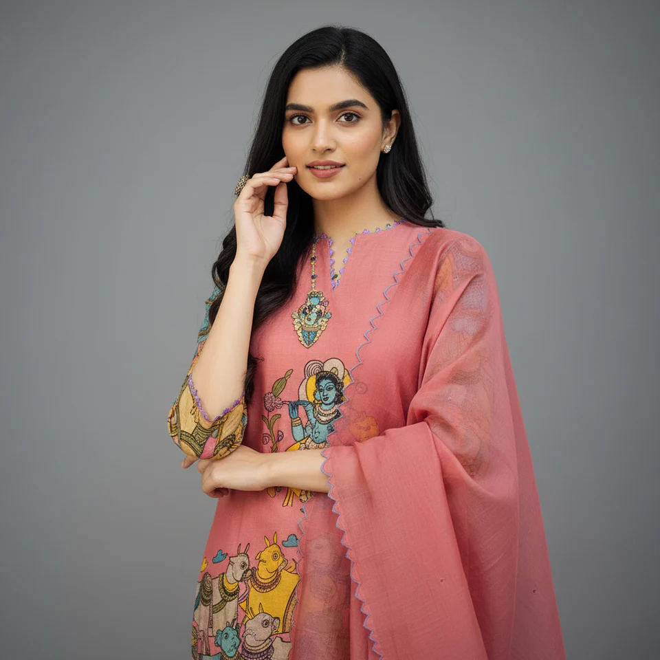 Cotton Kurta Set Pink with Floral Design with Coordinated Dupatta - Image 5