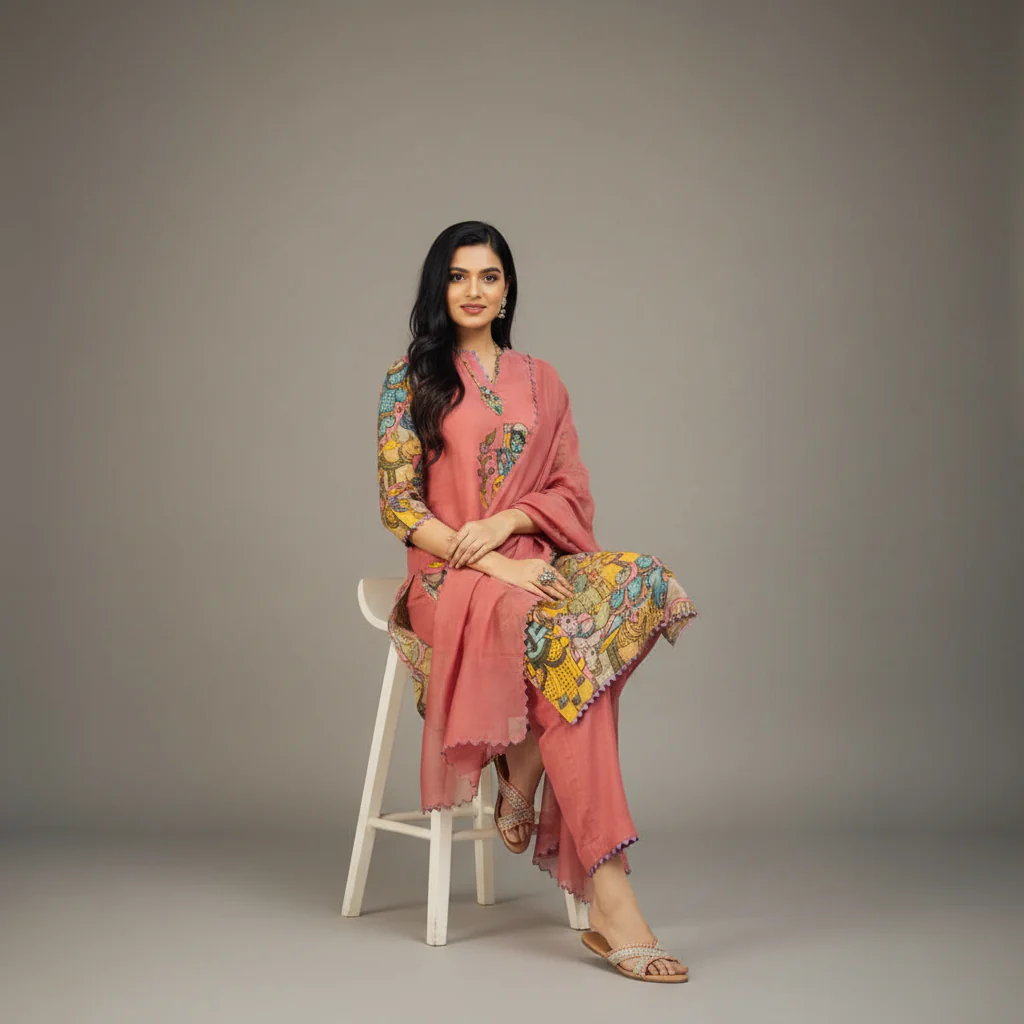 Cotton Kurta Set Pink with Floral Design with Coordinated Dupatta - Image 2