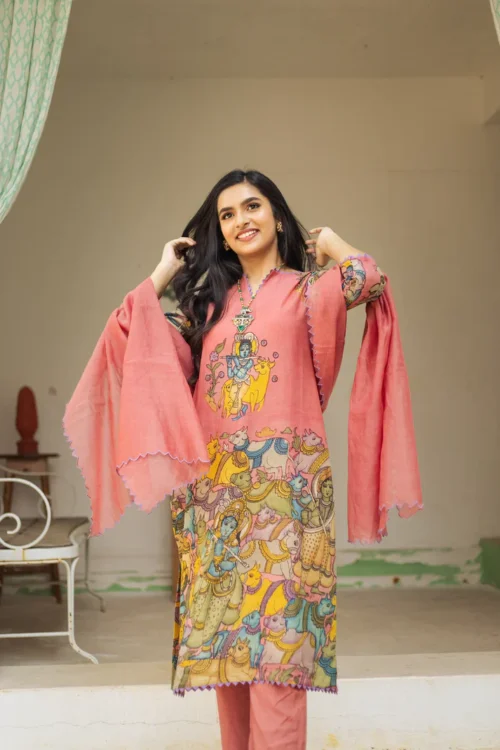 Cotton Kurta Set Pink with Floral Design with Coordinated Dupatta