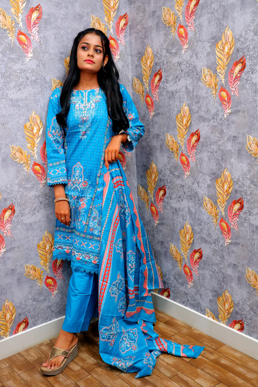 Blue Kurti With Floral Design For Women & Girls - Image 3