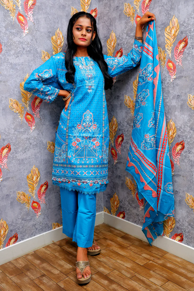 Blue Kurti With Floral Design For Women & Girls - Image 4